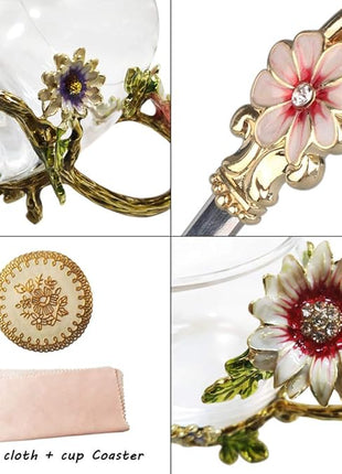 Enamel Sunflower Crystal Lead-Free Glass Tea Cup with Spoon Set, Present for The Christmas, Valentine's Day.Best Present for Mother, Grandma, Girlfriend, Sister.