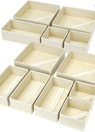 DIMJ Drawer Organizer Clothes, 12 Pack Dresser Organizer, Foldable Closet Organizers and Storage, Fabric Dresser Bins, Drawer Dividers for Nursery, Baby Clothes, Underwears, Sock (Beige)