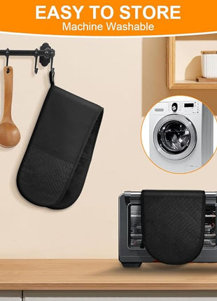 AUAUY Black Double Oven Mitts, 250°C/482°F Heat Resistant BBQ Mittens with Ropes, Silicone Non-Slip Design Kitchen Mittens, Cooking Glove Top Kitchen Gadgets for Cooking Baking Grilling