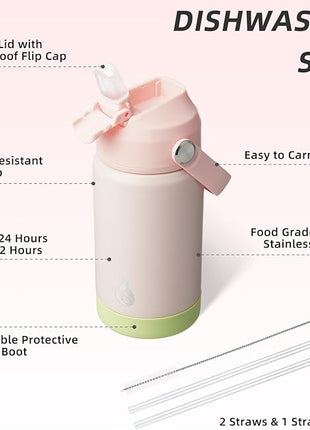 BJPKPK Insulated Water Bottle with Straw Lid, 12oz Thermo Water Bottles, Flex Handle & Non-slip Boot, BPA Free Leak Proof Stainless Steel Metal Thermo, Tumblers, Cups,Pearl Pink