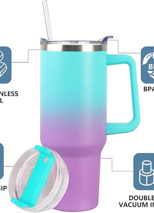 SYACOT 40 oz Tumbler with Handle and Straw Stainless Steel Insulated Tumbler Leak Proof Lid and Straw Lid Reusable Travel Mug Coffee Mug Cup Dishwasher Safe Keep Drinks Cold and Hot (Green Purple)