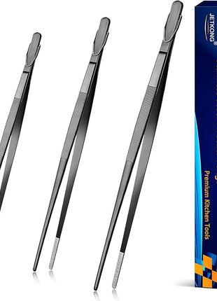 JETKONG Extra Long Kitchen Tweezers Heavy Duty Stainless Steel Cooking Tweezers, Set of 3 (9 12 14 Inch, Black)