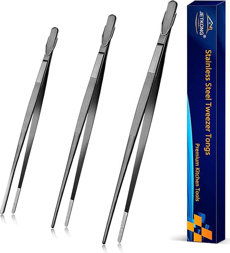 JETKONG Extra Long Kitchen Tweezers Heavy Duty Stainless Steel Cooking Tweezers, Set of 3 (9 12 14 Inch, Black)