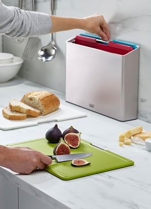 Joseph Joseph Folio 4-Piece Colour coded Cutting Board Set, Slimline case for organized Kitchen storage, Sage Green