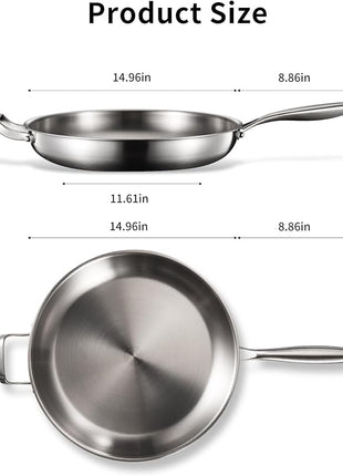 DELARLO Stainless Steel Pan, 14.2 Inch Frying Pan, Tri-Ply Skillet with Lid, Oven Safe Up to 600℉, Stainless Steel Cookware, Fast Even Heat, Large Cooking Surface,Non Toxic Large Skillet