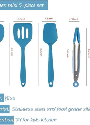 Mini Kitchen Utensil Set - Five-Piece Set, Tiny Silicone Kids Kitchen Tools - Whisk, Tongs, Spoon, Slotted Spatula - Blue