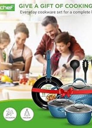 NutriChef 11 Pc Pots and Pans Set - Non Stick Cookware Set with Ceramic Coating, Ergonomic Handles, Induction Ready, Includes Saucepan, Dutch Oven, Large & Small Fry Pans - Royal Blue