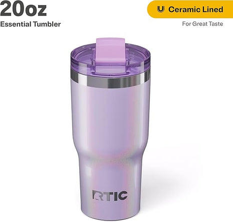 RTIC 20oz Essential Tumbler with Lid, Ceramic Lined, Insulated, Stainless Steel, Metal, Double Wall Vacuum-Insulation, Travel Cup for Iced Coffee, Tea, Hot and Cold Drink, Lavender Glitter