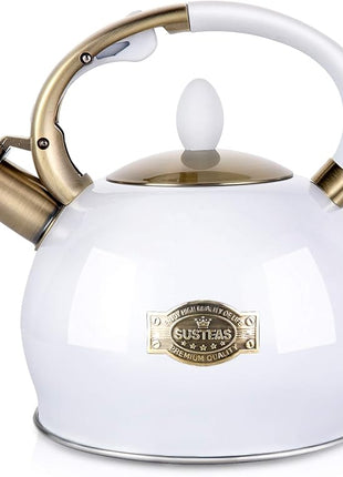 SUSTEAS Stove Top Whistling Tea Kettle - Food Grade Stainless Steel Teakettle Teapot with Cool Touch Ergonomic Handle, With 1 Silicone Pinch Mitt Included, 2.64 Quart(WHITE)