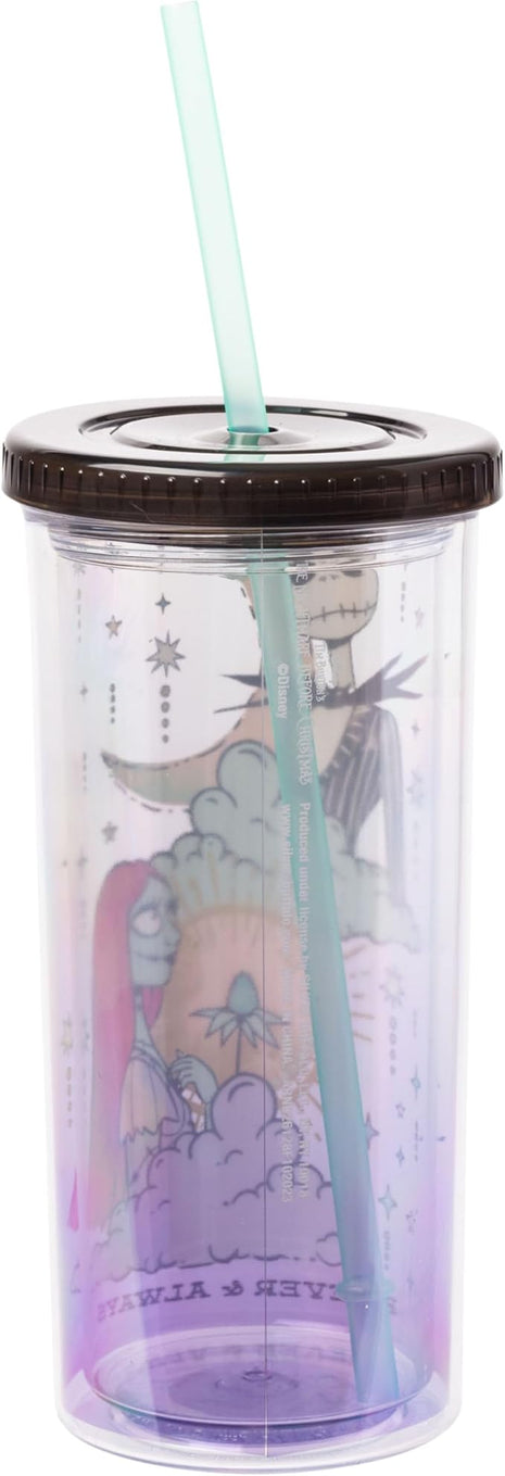 Silver Buffalo Disney Nightmare Before Christmas “Forever and Always” Featuring Jack Skellington and Sally Plastic Tall Cold Cup with Lid and Straw, 20 Ounces