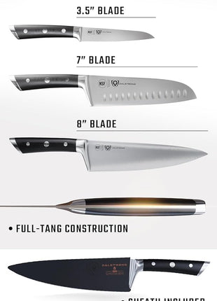 Dalstrong 3pc Knife Set - Gladiator Series Elite - Chef Essentials - Chef Knife, Santoku Knife, Paring Knife - G10 Handle - High Carbon German Steel - w/Sheaths - NSF Certified