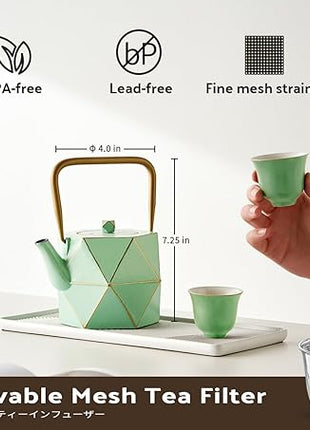 Toptier Cast Iron Teapot, Stovetop Safe Japanese Cast Iron Tea Kettle, Diamond Design Tea Pot with Removable Infuser for Loose Tea, 30 Ounce (900 ml), Light Green