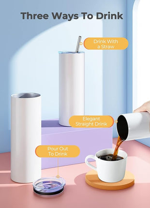 Hiipoo 30 Pack Sublimation Tumblers Blank 20 oz Straight Skinny with Sublimation Papers, Lids and Straws, Shrink Wrap Films, Stainless Steel Double Wall Insulated Tumbler for Mug Press Machine
