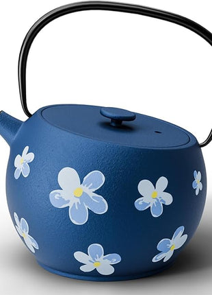 Toptier Teapot with Removable Infuser, Cast Iron Tea Kettle Stovetop Safe, Solid Geometry Ball Design Tea Pot Coated with Enameled Interior for 32 Ounce (950 ml), Navy Flower