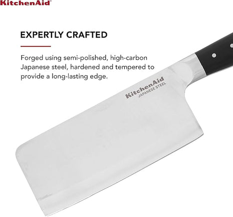 KitchenAid Gourmet Forged Triple Rivet Cleaver Knife with Custom Fit Blade Cover, 6 inch, Sharp Kitchen Knife, High Carbon Japanese Stainless Steel Blade, Meat Cleaver, Black