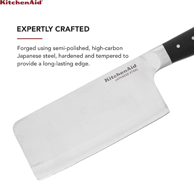 KitchenAid Gourmet Forged Triple Rivet Cleaver Knife with Custom Fit Blade Cover, 6 inch, Sharp Kitchen Knife, High Carbon Japanese Stainless Steel Blade, Meat Cleaver, Black