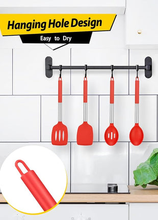 Pack of 4 Silicone Cooking Utensils Set, Non Stick Large Solid Spatulas, Heat Resistant Slotted Spoons, Ideal BPA Free Kitchen Turners for Frying, Mixing,Serving,Draining,Turning,Stirring (RED)