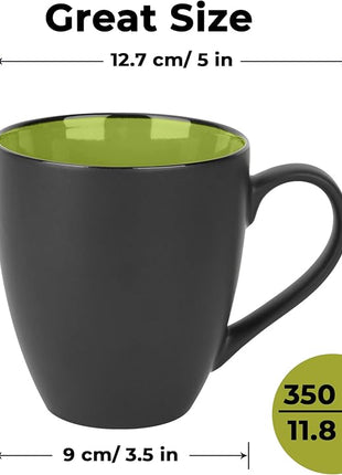 MIAMIO - Set of 6 Stoneware Coffee Mugs 12 Ounce/Cup Set - Le Papillon Collection (Black-Green)