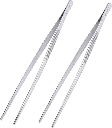 MSY BIGSUNNY Set of 2 Kitchen Tweezers Fine Tweezer Tongs 12 Inch Stainless Steel Food Tweezer, Precision Serrated Tips Food Tongs,Extra-Long Straight Tweezers