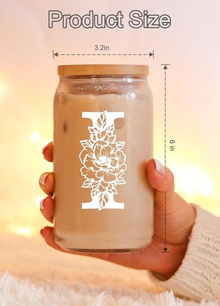 Coolife Initial Glass Cup, Monogrammed Gifts for Women, 16 oz Glass Cups w/Lids Straws, Iced Coffee Smoothie Beer Tumbler w/Straw Lid - Personalized Christmas, Birthday Gifts for Her Mom Friend Woman
