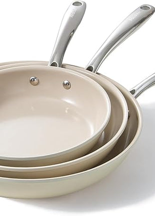 Redchef Nonstick Frying Pans Set, Ceramic Pan Skillet, Non Toxic Pans for Cooking, 8" 9.5" 11" Ceramic Frying Pan Set PFAS & PTFE & PFOA Free with Stay Cool Handle, Dishwasher & Oven Safe, Beige White