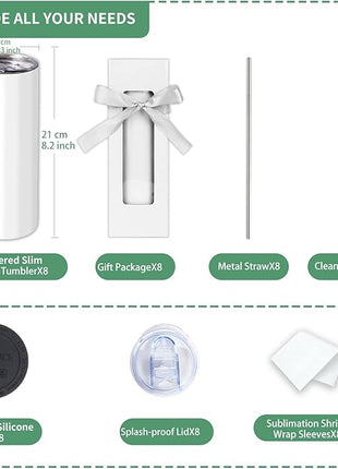 8 Pack Straight Sublimation Tumblers bulk 20 oz Skinny,Stainless Steel Double Wall Insulated Tumbler Cups Blank White with Lid, Straw, Individually Boxed,Polymer Coating for Heat Transfer