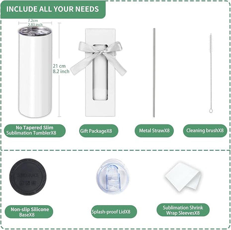 8 Pack Straight Sublimation Tumblers bulk 20 oz Skinny,Stainless Steel Double Wall Insulated Tumbler Cups Blank White with Lid, Straw, Individually Boxed,Polymer Coating for Heat Transfer