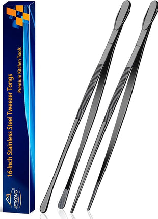 JETKONG 2 Pcs 16-Inch Heavy Duty Plating Tongs, Extra-Long Kitchen Fine Tongs Large Stainless Steel Cooking Forceps (Black)