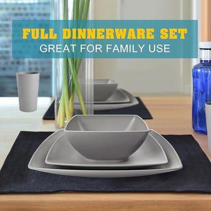 Teivio 32-piece Plastic Wheat Straw Square Dinnerware Set for 8, Unbreakable Dinner Plates, Salad Plates, Snack Bowls, Tumblers, Dishwasher Safe, Light Gray