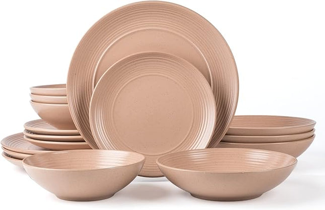 RINGAR Round Stoneware 16pc Double Bowl Dinnerware Set for 4, Dinner Plates, Side Plates, Cereal Bowls, Pasta Bowls - Speckle Matte Coral (407490)