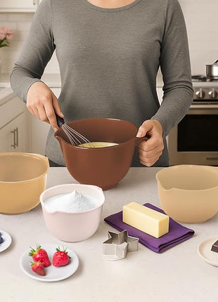 Glad Mixing Bowls with Pour Spout, Set of 4 - Nesting Plastic Bowls (1.2qt, 1.9qt, 2.8qt, and 3qt with Handle) - Non Slip Base, Dishwasher Safe Kitchen Cooking and Baking Supplies, Beige