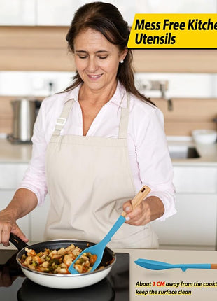 Pack of 4 Silicone Kitchen Utensils Set, Non Stick Solid Spatulas and Heat Resistant Slotted Spoons with Wooden Handle, Ideal BPA Free Cooking Utensils for Mixing,Serving,Turning,Stirring(BLUE)