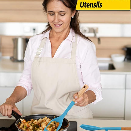 Pack of 4 Silicone Kitchen Utensils Set, Non Stick Solid Spatulas and Heat Resistant Slotted Spoons with Wooden Handle, Ideal BPA Free Cooking Utensils for Mixing,Serving,Turning,Stirring(BLUE)