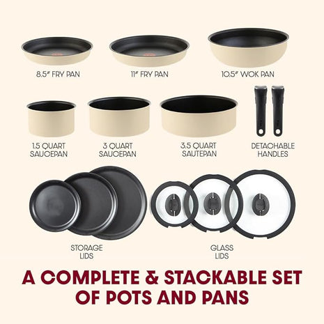 T-fal Ingenio Expertise Non Stick Cookware Set 14 Piece, Induction, Oven Broiler Safe 500F, Stackable Cookware, Pots and Pans, RV, Camping, Fry Pans, Dishwasher Safe, Detachable Handle, French Vanilla