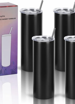 4 Pack 20 Oz Straight Skinny Tumblers,Individually Gift Boxed Stainless Steel Slim Skinny Tumbler Set Bulk, 20 Oz Insulated Slim Thin Travel Tumbler Cup for Diy, Black