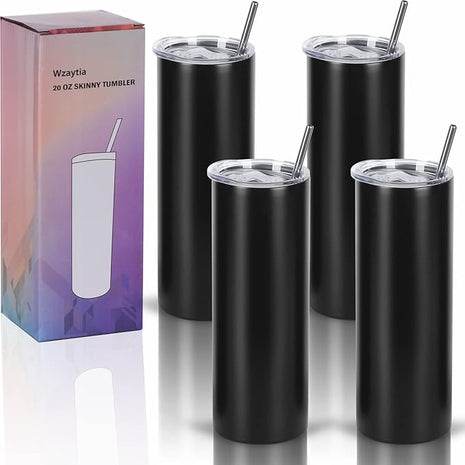 4 Pack 20 Oz Straight Skinny Tumblers,Individually Gift Boxed Stainless Steel Slim Skinny Tumbler Set Bulk, 20 Oz Insulated Slim Thin Travel Tumbler Cup for Diy, Black
