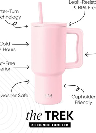 Simple Modern 30 oz Trek Tumbler with Handle and Straw Lid | Cup Holder Friendly Insulated Stainless Steel Travel Mug | Blush