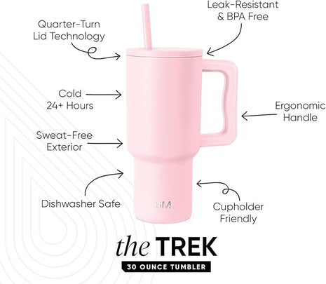 Simple Modern 30 oz Trek Tumbler with Handle and Straw Lid | Cup Holder Friendly Insulated Stainless Steel Travel Mug | Blush