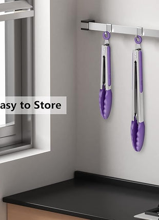 Set of 2 Kitchen Tongs 9-Inch & 12-Inch, Premium Stainless Steel BPA Free Silicone Non-Stick Grilling Barbeque Cooking Locking Food Tongs, Purple