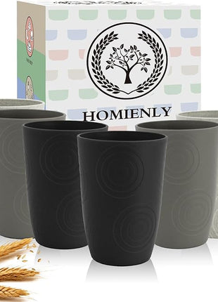 Wheat Straw Cups 6 PCS Plastic Cups Reusable Unbreakable Drinking Cup Dishwasher Safe Water Glasses with Unique Pattern(16 OZ,Black Grey)