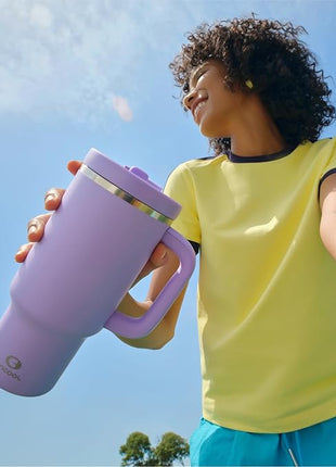 40 oz Tumbler with Handle and Straw: Stainless Steel Insulated Tumbler Keeps Cold for 24 Hours, Leakproof Travel Cup Fits in Cup Holder and BPA-Free, Lavender