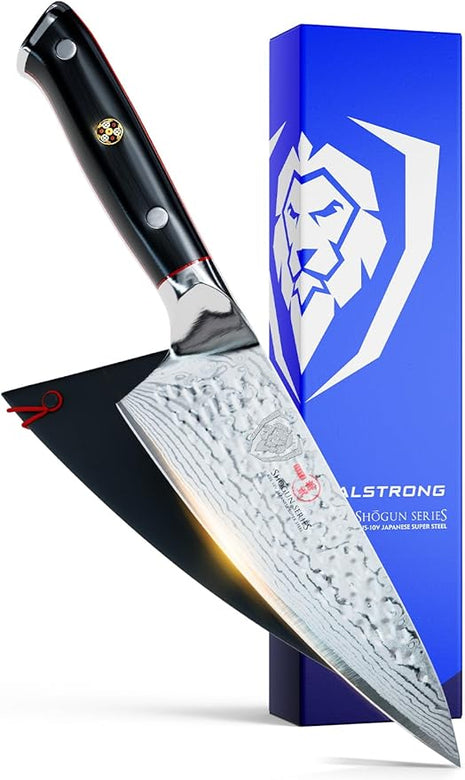 Dalstrong Chef Knife - 6 inch Blade - Shogun Series ELITE - Damascus - Japanese AUS-10V Super Steel - G10 Black Handle - Razor Sharp Kitchen Knife - Hammered Finish Chef's Knife - Sheath