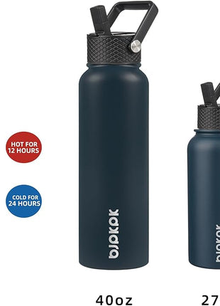 BJPKPK Insulated Water Bottles with Straw Lid, 40oz Stainless Steel Water Bottles with 3 Lids, BPA Free Leakproof Thermo, Tumblers, Cups for Sports, Gym- Navy Blue