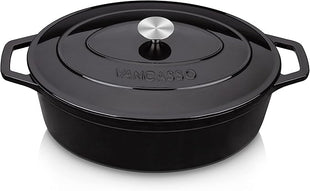 vancasso Enameled Cast Iron Oval Dutch Oven, 9.3 Quart with Non-Stick Enamel Coating for Bread Baking, Black Double Handle Pot with Lid