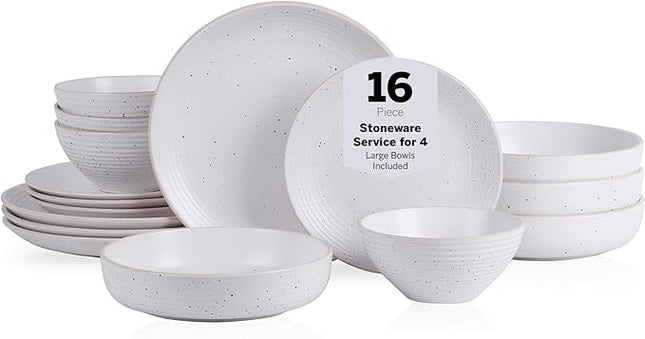 Stone Lain Lauren Stoneware, Rustic Plates and Bowls Set, Dinnerware, Service for 4, Speckled Off White, Dishwasher & Microwave Safe, 16-Piece