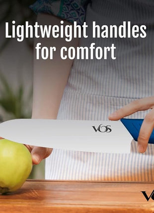 Vos Ceramic Knife Set in Elegant Gift Box, Ceramic Knives Set For Kitchen, Ultra Sharp Kitchen Knife Set with Covers, 4" 5" 6" Paring, Santoku & Chef Knife, Lightweight, Dishwasher safe (Blue Handle)