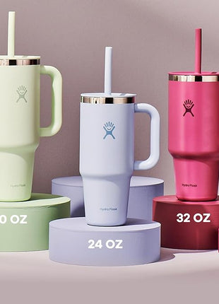 Hydro Flask Travel Tumbler with Handle, Lid and Straw - Insulated Stainless Steel in 24 Oz Aloe