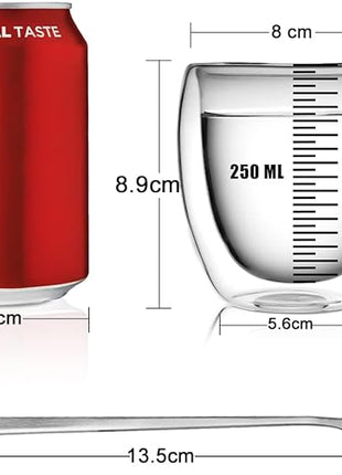 LIBWYS 4 Pack 250ml Double Walled Glass Coffee Mugs with 4 Spoons, Cappuccino Latte Tea Cups with Handle, Heat Resistant Drinking Glasses