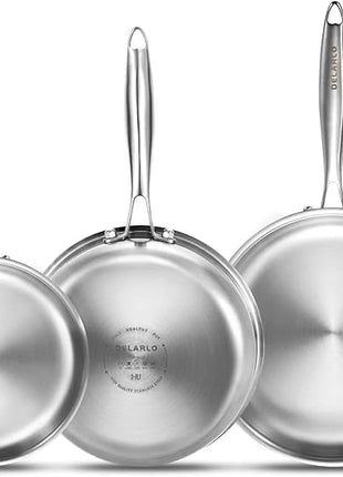 DELARLO Whole Body Tri-Ply Stainless Steel Frying Pan set, 8”/10”/12” Cooking pans, Kitchen Cookware Set, Fast Heating Chef's pan with Ergonomic Handles, Suitable for All Stove