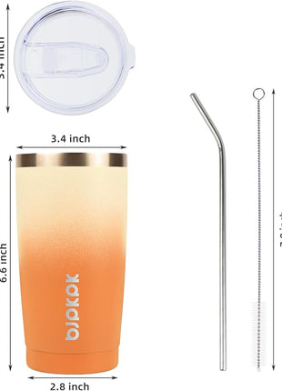 BJPKPK Tumbler with Lid and Straw, 20 oz Stainless Steel Vacuum Insulated Color Block Tumblers, Double Wall Ice Coffee Thermal Cup Travel Mug,Coral